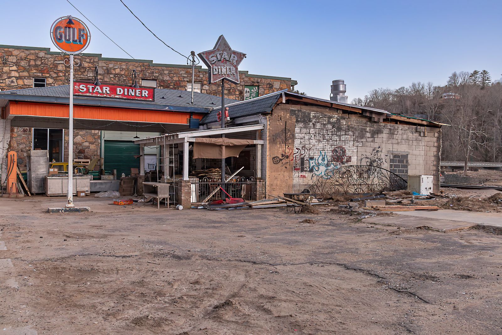 The Star Diner in Marshall, North Carolina, its lot scoured to bare dirt, five months after Hurricane Helene